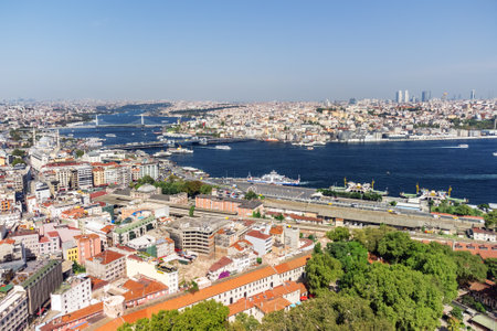 Awesome aerial view of the Golden Horn in Istanbul, Turkey. Drone flying over the city. Amazing cityscape. Istanbul is a popular tourist destination in the world.のeditorial素材