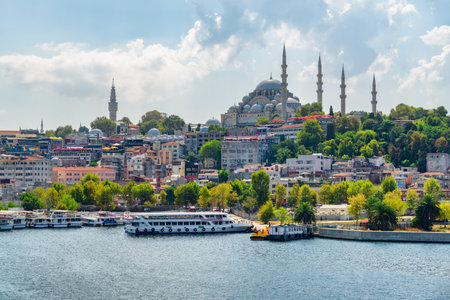 Istanbul skyline, Turkey. Awesome view of the Suleymaniye Mosque across the Golden Horn. Istanbul is a popular tourist destination of the world.のeditorial素材