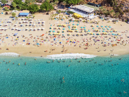 Aerial view of Kleopatra Beach in Alanya, Turkey. The coastal city is a popular tourist destination...
