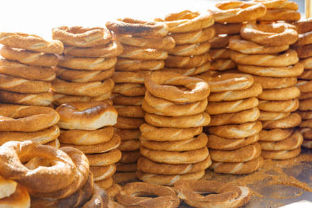 Closeup view of simit (circular bread) on a street vendor cart in Sultanahmet Square, Istanbul,...