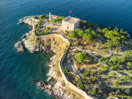 Aerial view of Guvercinada Island (Pigeon Island) with scenic castle at Kusadasi, Turkey. The large resort town is a popular tourist destination in Turkey.のeditorial素材