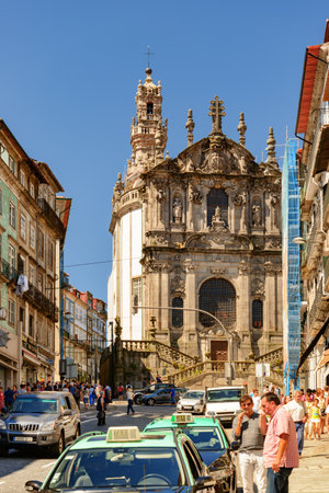 Porto, Portugal - August 16, 2014: Awesome view of amazing facade of the Clerigos Church. The Baroque church is a popular tourist attraction of Europe.のeditorial素材