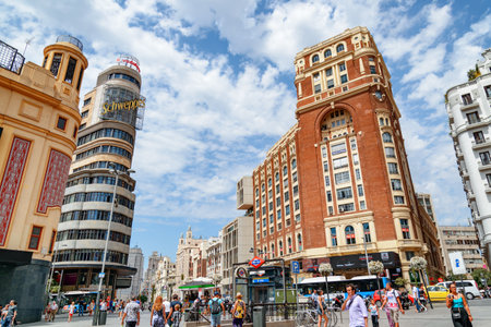 Madrid, Spain - August 18, 2014: Awesome view of buildings on the Gran Via Street from the Callao Square. Madrid is a popular tourist destination of Europe.のeditorial素材