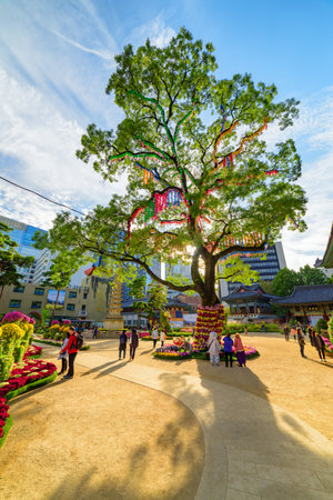 Seoul, South Korea - October 15, 2017: Awesome colorful view of green tree decorated with paper lanterns and flowers in garden of Jogyesa Temple. Jogyesa Temple is a symbol of Korean Buddhism.のeditorial素材