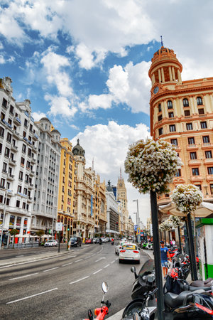 Madrid, Spain - August 18, 2014: Awesome view of the Gran Via street. Madrid is a popular tourist destination of Europe.のeditorial素材