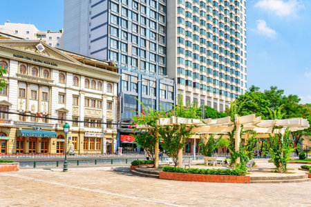 Ho Chi Minh City, Vietnam - April 30, 2015: Scenic riverside park and waterfront hotels in downtown of Saigon. Ho Chi Minh City is a popular tourist destination of Vietnam.のeditorial素材