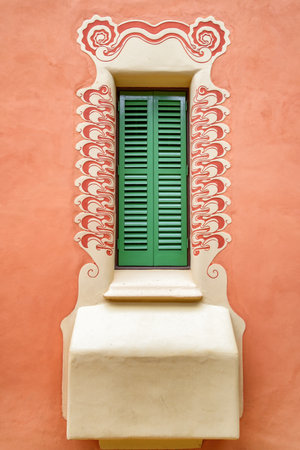 Scenic window of the Gaudi House Museum at the Park Guell in Barcelona, Spain. The park is designed by Antoni Gaudi. Barcelona is a popular tourist destination of Europe.のeditorial素材