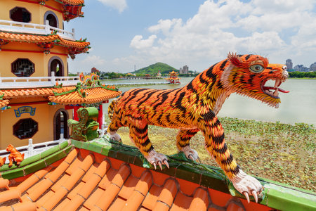 Kaohsiung, Taiwan - April 30, 2019: Colorful detail of the Dragon and Tiger Pagodas at Lotus Lake. Awesome tiger sculpture. The temple is a popular tourist attraction of Asia.のeditorial素材