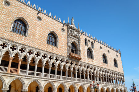 Facade of the Doges Palace (Palazzo Ducale) in Venice. Venice is a popular tourist destination of Europe.のeditorial素材