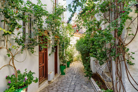 Awesome view of a cozy narrow street in Marmaris, Turkey. Scenic white houses of the old town. The...