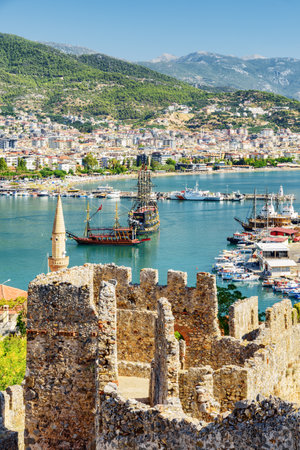 Awesome view of marina from fortress walls of Alanya Castle in Turkey. The Mediterranean Sea is visible in background.のeditorial素材