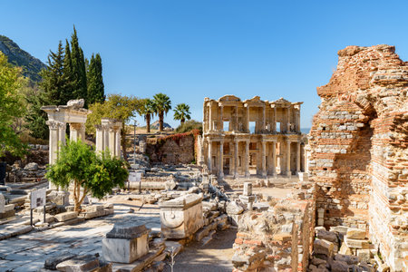 Awesome view the Library of Celsus in Ephesus (Efes). Ruins of the ancient Greek city in Selcuk, Izmir Province, Turkey. Ephesus is a popular tourist attraction in Turkey.の写真素材