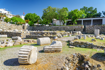 The ruins of the Mausoleum at Halicarnassus (Tomb of Mausolus) in Bodrum, Turkey. The Mausoleum is one of the Seven Wonders of the Ancient World and a popular tourist attraction in Turkey.の写真素材