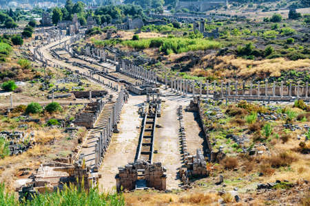 Aerial view of Perge (Perga) at Antalya Province, Turkey. Awesome view of the ancient Greek city. Perge is a popular tourist destination in Turkey.の写真素材