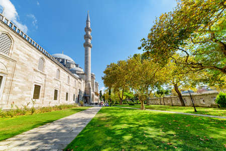 Awesome view of scenic gardens of the Suleymaniye Mosque in Istanbul, Turkey. The Ottoman imperial mosque is a popular destination among pilgrims and tourists of the world.の写真素材