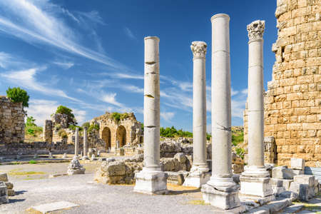 Scenic ruins of Perge (Perga) at Antalya Province, Turkey. Awesome view of the ancient Greek city. Perge is a popular tourist destination in Turkey.の写真素材
