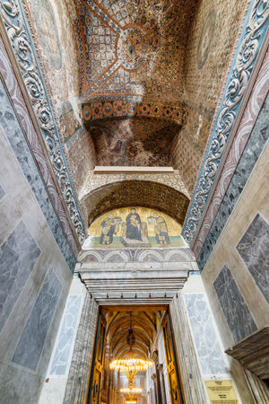 Istanbul, Turkey - September 19, 2021: The Vestibule Mosaic of Hagia Sophia. Justinian is giving a model of Hagia Sophia while Constantine is presenting the city of Constantinople to Mary and Christ.のeditorial素材