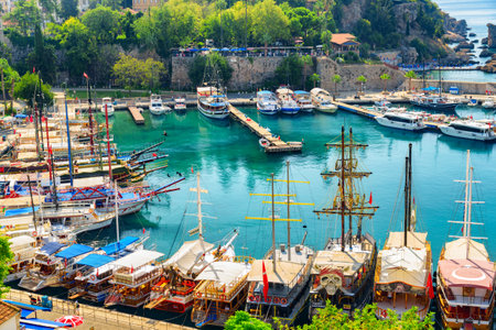 Antalya, Turkey - September 30, 2021: View of Old Antalya Marina in Kaleici. The Kaleici area is the historic city center and a popular tourist attraction in Turkey.のeditorial素材