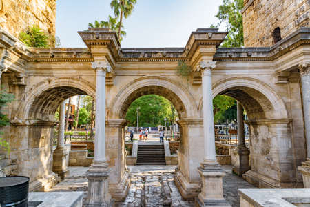 Awesome view of Hadrian's Gate (Uckapilar) in Kaleici of Antalya, Turkey. The Kaleici area is the historic city center and a popular tourist attraction in Turkey.の写真素材