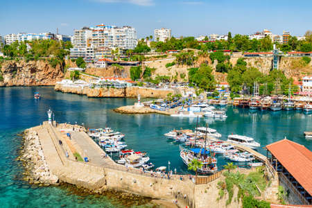 View of Old Antalya Marina in Kaleici. The Kaleici area is the historic city center and a popular tourist attraction in Turkey.の写真素材