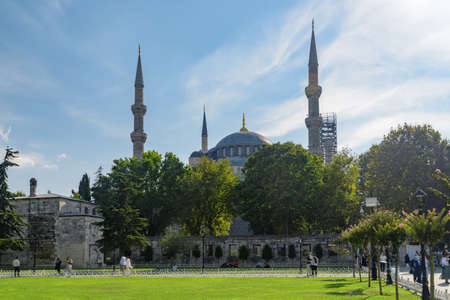 View of the Sultan Ahmed Mosque among green gardens in Istanbul, Turkey. The Blue Mosque is a popular destination among pilgrims and tourists of Istanbul.の写真素材
