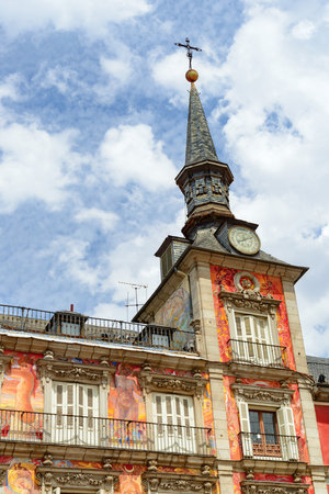 Madrid, Spain - August 18, 2014: The barometer tower of the Casa de la Panaderia at the Plaza Mayor. Madrid is a popular tourist destination of Europe.のeditorial素材