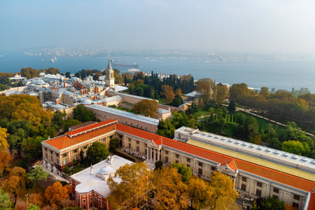 Awesome aerial view of the Topkapi Palace in Istanbul, Turkey. Drone flying over the city. The Bosporus is visible in background. Amazing cityscape.のeditorial素材