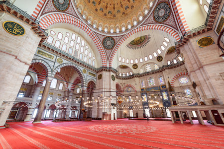 Istanbul, Turkey - September 16, 2021:Interior of prayer hall in the Suleymaniye Mosque, Istanbul, Turkey. The Ottoman imperial mosque is a popular destination among tourists and pilgrims.のeditorial素材