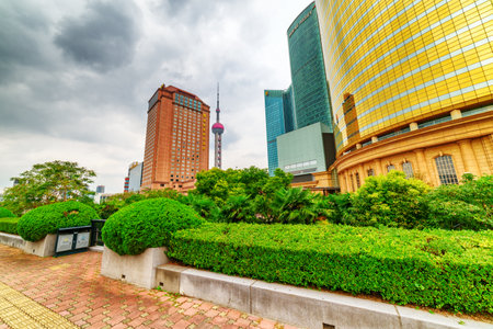 Shanghai, China - October 31, 2015: View of skyscrapers in the Pudong New District (Lujiazui), Shanghai, China. Shanghai is a popular tourist destination of Asia.のeditorial素材