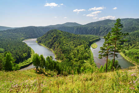 Awesome view of scenic river among evergreen woods. Awesome landscape.の写真素材