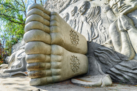 Nha Trang, Vietnam - April 9, 2015: Reclining Buddha in Long Son Pagoda at Khanh Hoa province. Long Son Pagoda is a popular tourist attraction of Asia.のeditorial素材