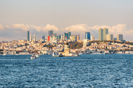 Unusual Istanbul skyline, Turkey. Awesome view of the modern buildings of Istanbul from the Bosporus.の写真素材