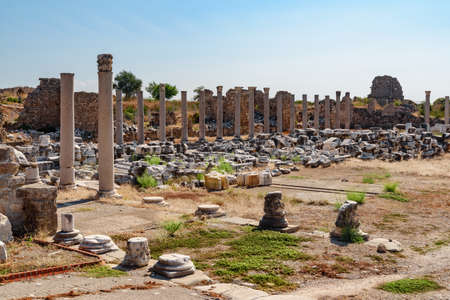 Awesome ruins of the commercial agora in Side, Turkey. Amazing view of the ancient city. Side is a popular tourist destination in Turkey.の写真素材