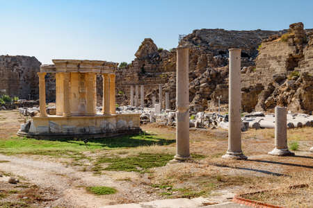 Awesome ruins of the commercial agora in Side, Turkey. Amazing view of the ancient city. Side is a popular tourist destination in Turkey.の写真素材