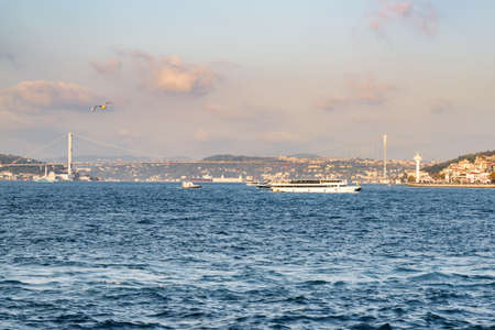 Unusual Istanbul skyline, Turkey. Ferry is crossing the Bosporus. Awesome view of the Bosporus strait.の写真素材