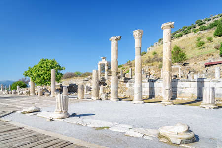 Awesome view of columns in Ephesus (Efes) at Selcuk in Izmir Province, Turkey. Scenic ruins of the ancient Greek city. Ephesus is a popular tourist attraction in Turkey.の写真素材
