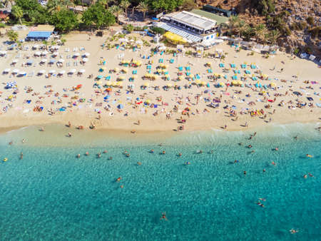 Aerial view of Kleopatra Beach in Alanya, Turkey. The coastal city is a popular tourist destination in Turkey.の写真素材