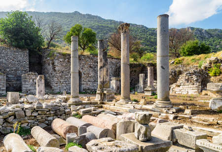 Scenic ruins of the agora in Ephesus (Efes) at Selcuk in Izmir Province, Turkey. Awesome view of the ancient Greek city. Ephesus is a popular tourist destination in Turkey.の写真素材
