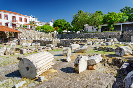 The ruins of the Mausoleum at Halicarnassus (Tomb of Mausolus) in Bodrum, Turkey. The Mausoleum is one of the Seven Wonders of the Ancient World and a popular tourist attraction in Turkey.の写真素材
