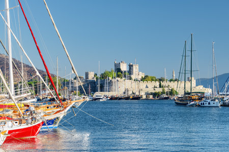 Scenic view of yachts moored in Milta Bodrum Marina. The port city is a popular tourist destination in the Turkish Riviera.のeditorial素材