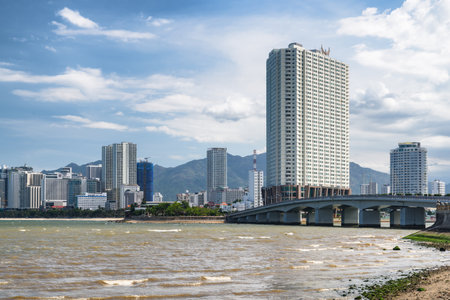 Nha Trang, Vietnam - August 14, 2020: Awesome Nha Trang coastline. Amazing view of Nha Trang Bay of the South China Sea and the coastal city. Nha Trang is a popular tourist destination of Asia.のeditorial素材
