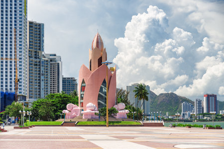 Awesome view of Tram Huong Tower and April 2 Square in Nha Trang, Vietnam. The central square is a popular tourist attraction of Asia. Amazing cityscape.のeditorial素材