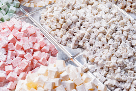 Wide range of Turkish delight (lokum) at the Grand Bazaar in Istanbul, Turkey. The historical market is a popular tourist destination and one of oldest markets in the world.の写真素材