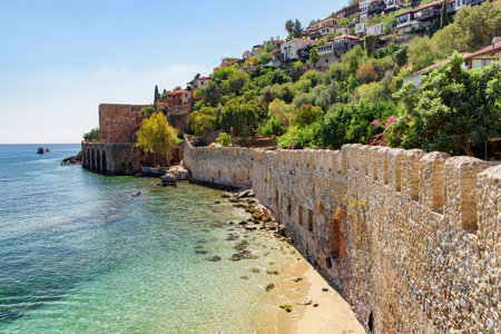 Awesome view of the Tersane and the beach by the coast of Alanya, Turkey. Amazing coastline. The ancient shipyard is a popular tourist attraction in Turkey.の写真素材