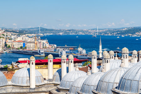 Unusual Istanbul skyline, Turkey. Awesome aerial view of the Bosporus. The Bosphorus Bridge is visible in background. Istanbul is a popular tourist destination in the world.の写真素材