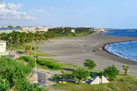 Awesome aerial view of Cijin Beach at Cijin Island in Kaohsiung, Taiwan. The beach is a popular recreational gathering place among residents and tourists of Asia.の写真素材