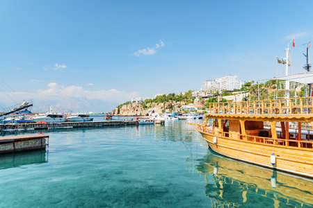 Awesome view of Old Antalya Marina in Kaleici. The Kaleici area is the historic city center and a popular tourist attraction in Turkey.の写真素材