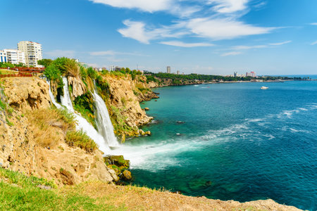 Lower Duden Waterfalls in Antalya, Turkey. The water cascades 40 meters from a platform into the Mediterranean Sea. The Duden Waterfalls are a popular tourist attraction in Turkey.の写真素材
