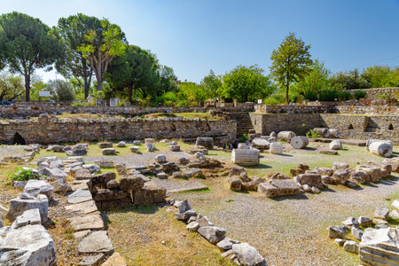 The ruins of the Mausoleum at Halicarnassus (Tomb of Mausolus) in Bodrum, Turkey. The Mausoleum is one of the Seven Wonders of the Ancient World and a popular tourist attraction in Turkey.の写真素材