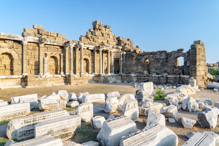 Awesome view of the State Agora in Side, Turkey. Amazing ruins of the ancient city are a popular tourist attraction of the world.の写真素材
